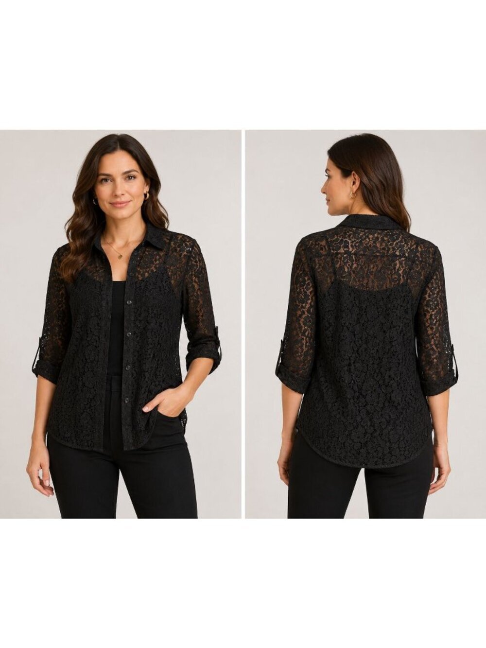 Calvin Klein Womens Lace Button-Up Shirt  Black Large